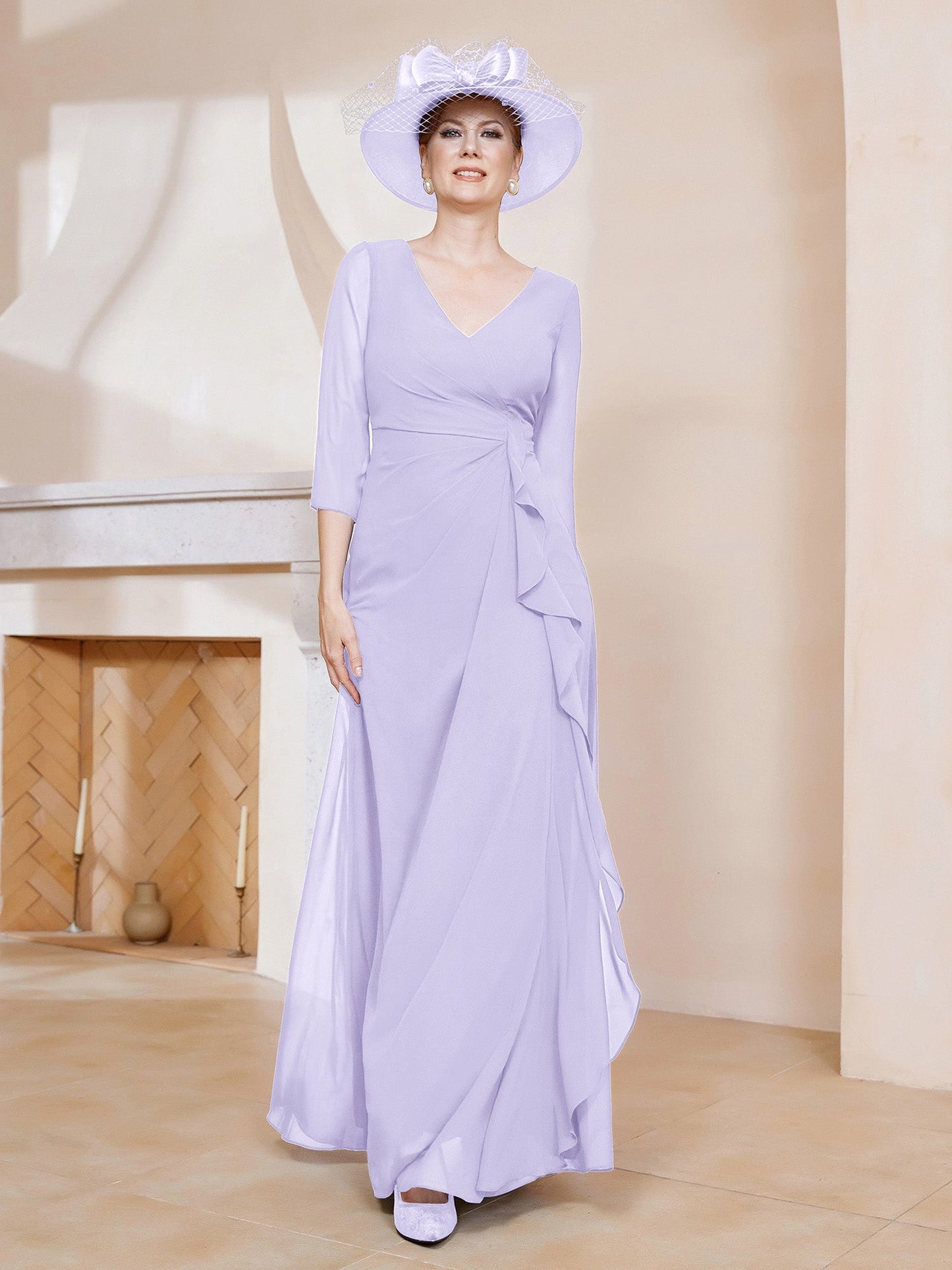 V-neck Ruffles Sheath Floor-Length Chiffon Dress
