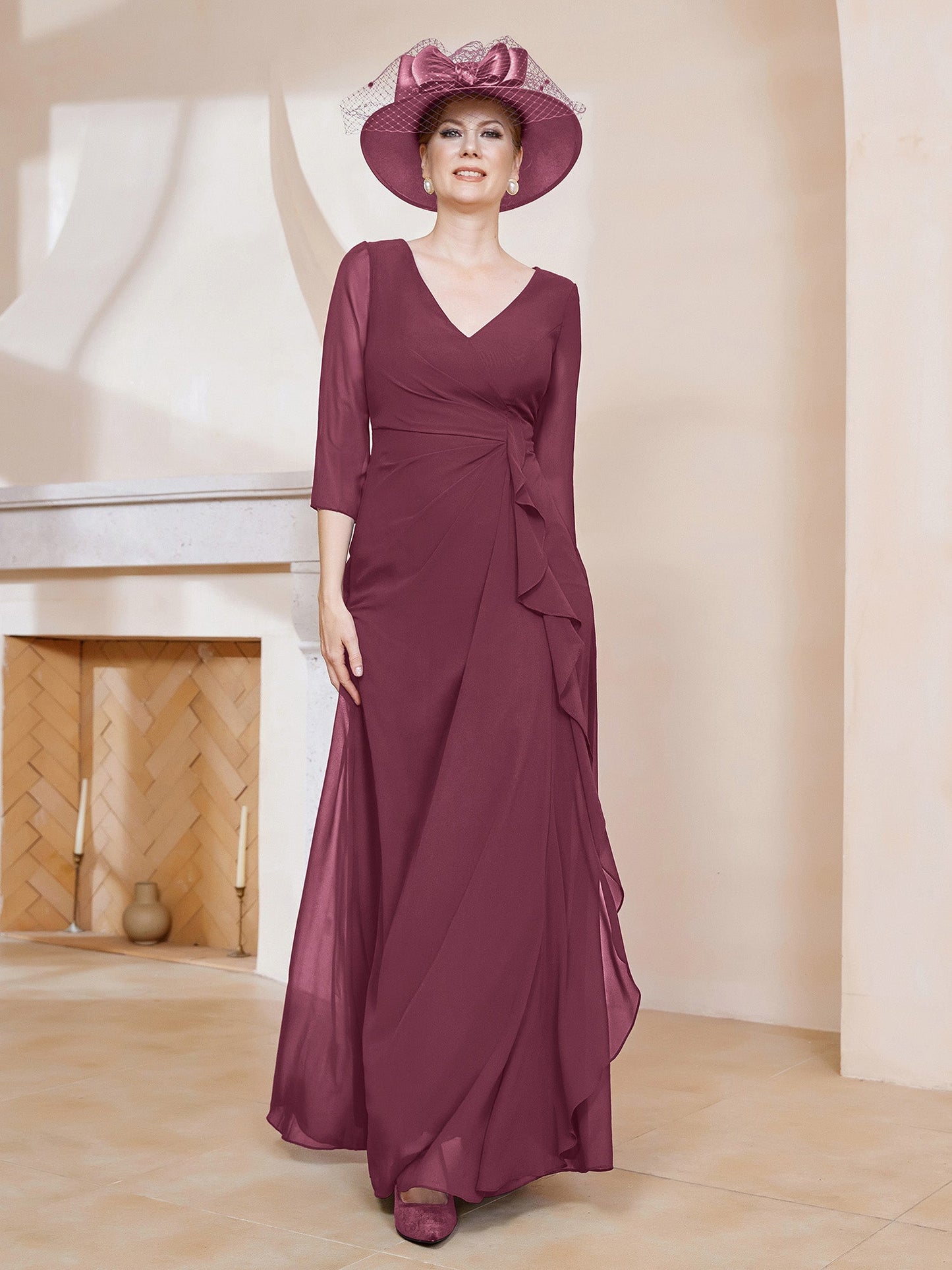 V-neck Ruffles Sheath Floor-Length Chiffon Dress