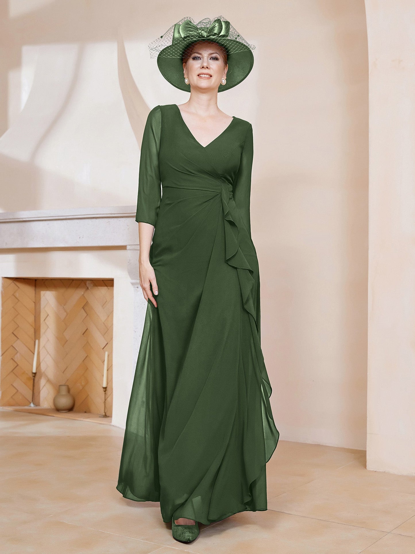 V-neck Ruffles Sheath Floor-Length Chiffon Dress