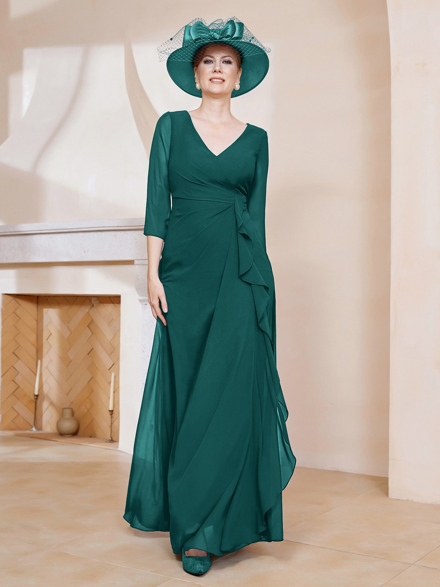 V-neck Ruffles Sheath Floor-Length Chiffon Dress