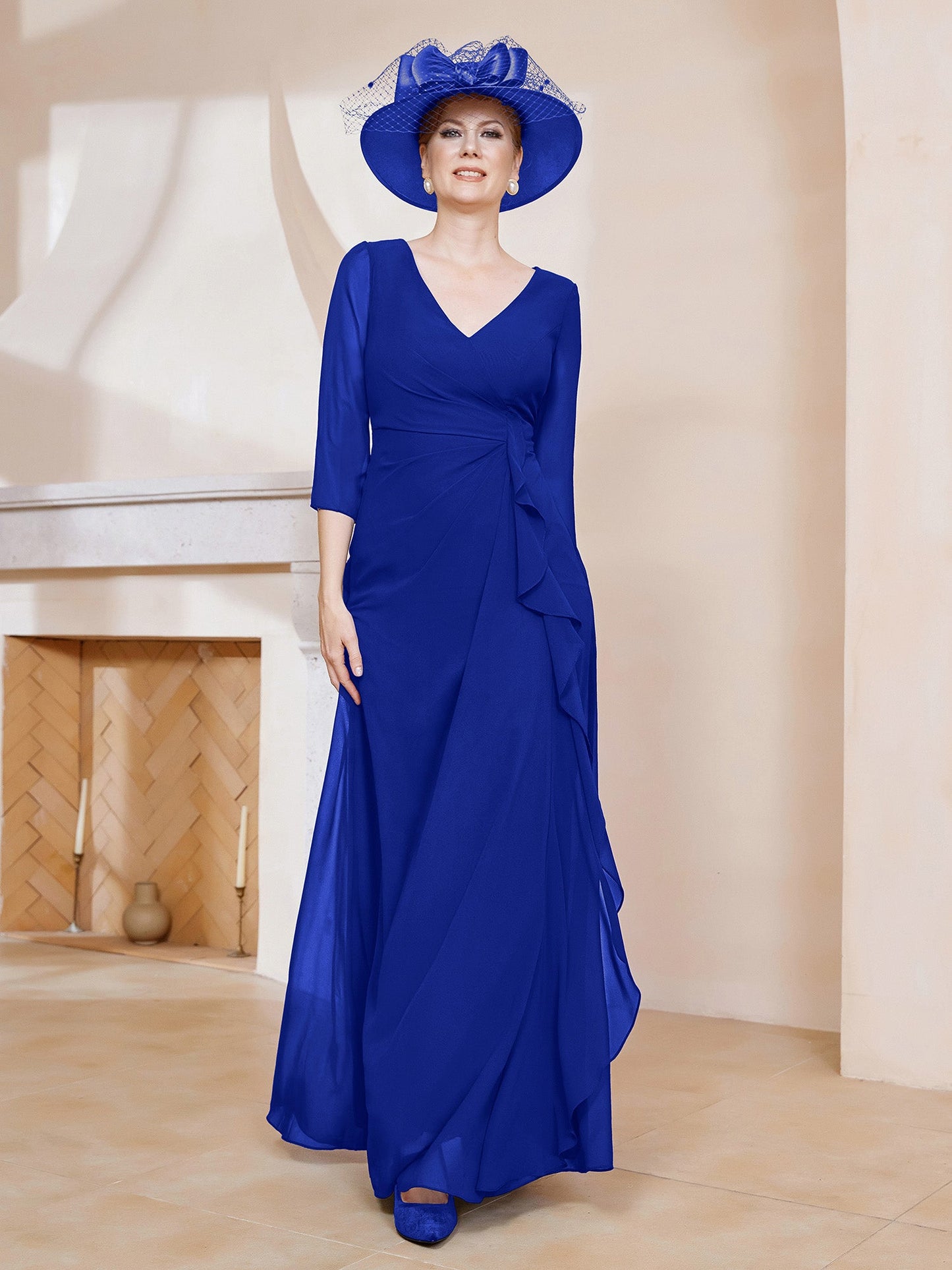 V-neck Ruffles Sheath Floor-Length Chiffon Dress
