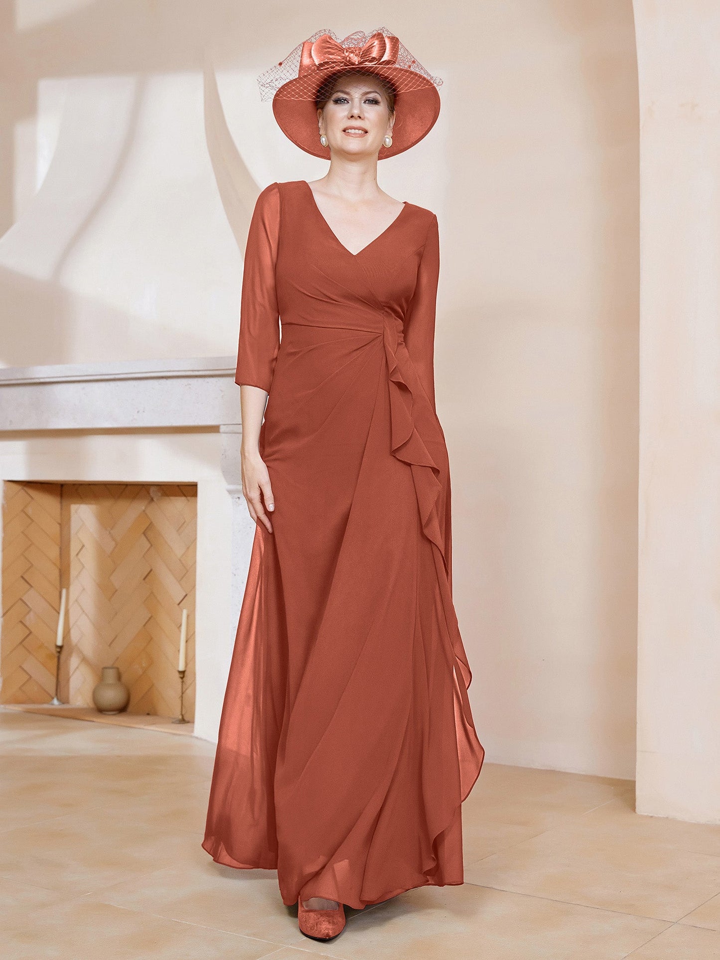 V-neck Ruffles Sheath Floor-Length Chiffon Dress