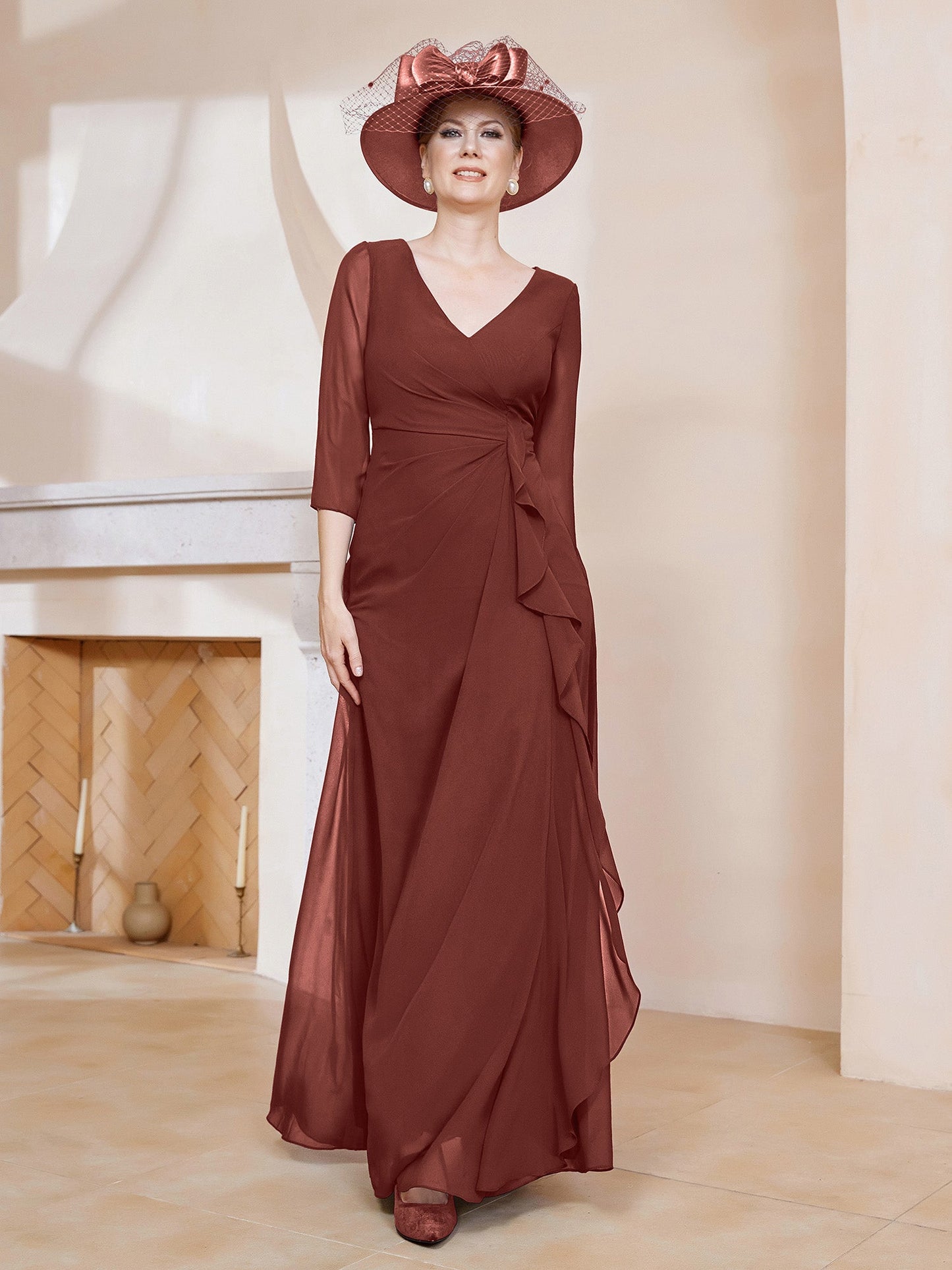 V-neck Ruffles Sheath Floor-Length Chiffon Dress