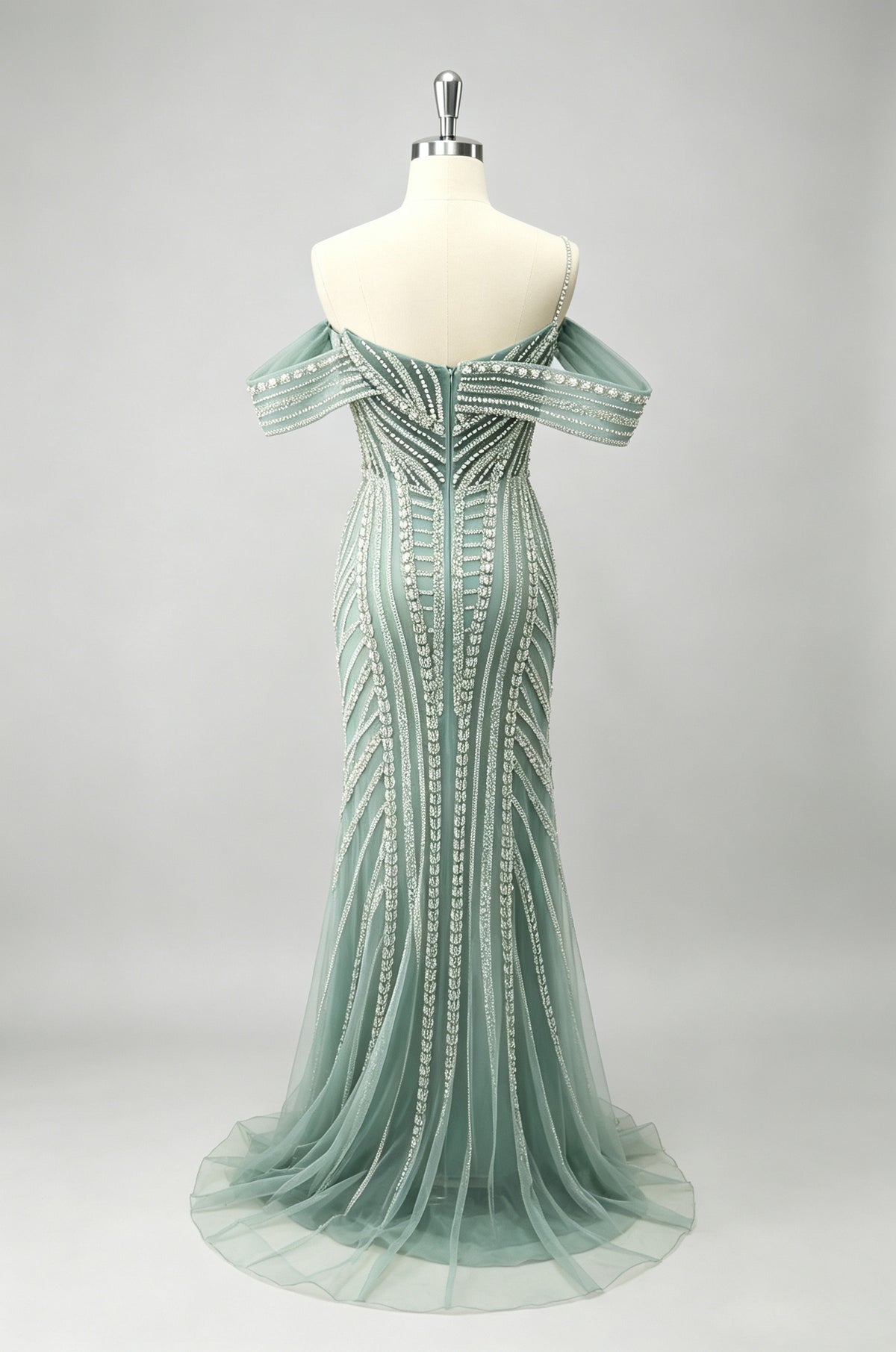 Dusty Green One Strap Beaded Mermaid Prom Dress, Sheer Tulle Train Party Gown