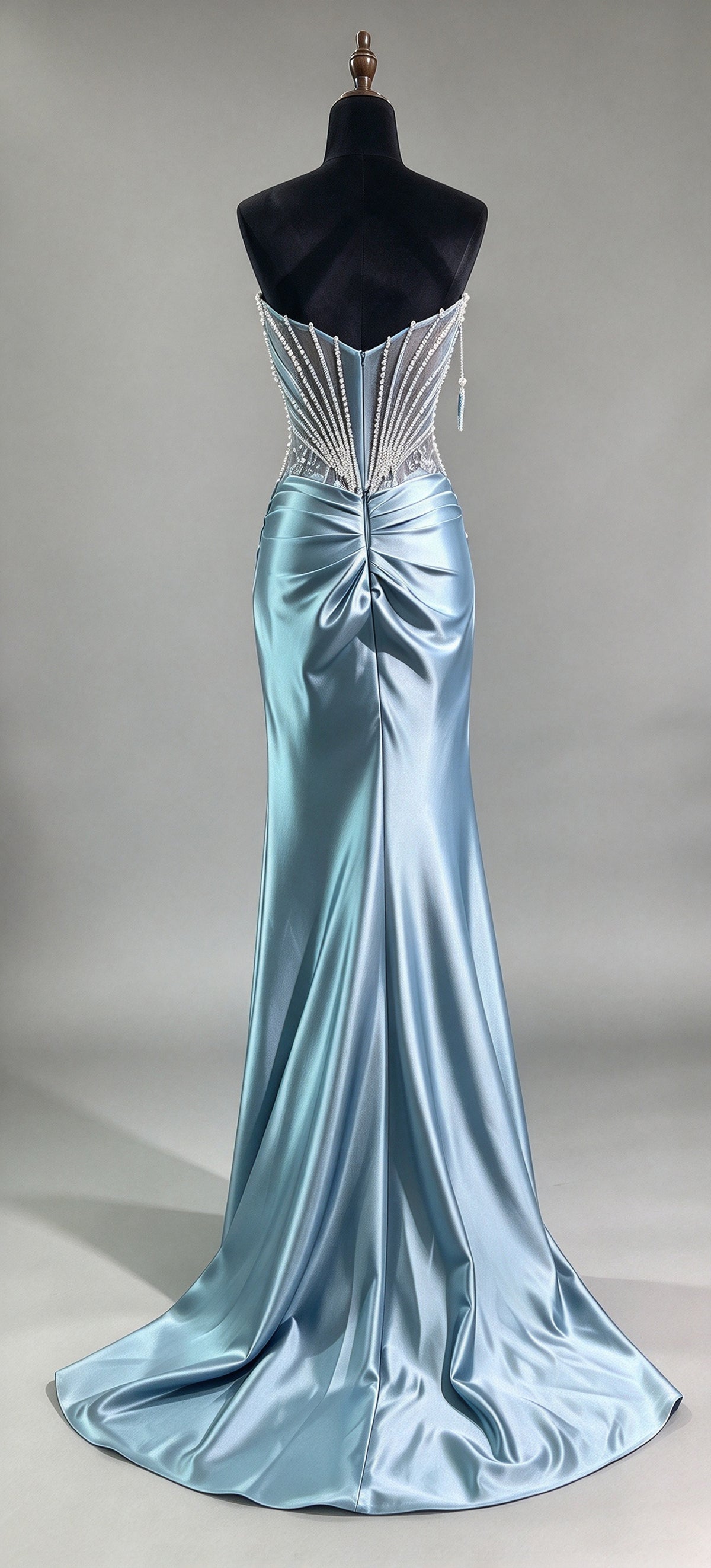Dusty Blue Off-the-shoulder Short Sleeve Satin Mermaid Evening Dress, Lace Applique Formal Gown