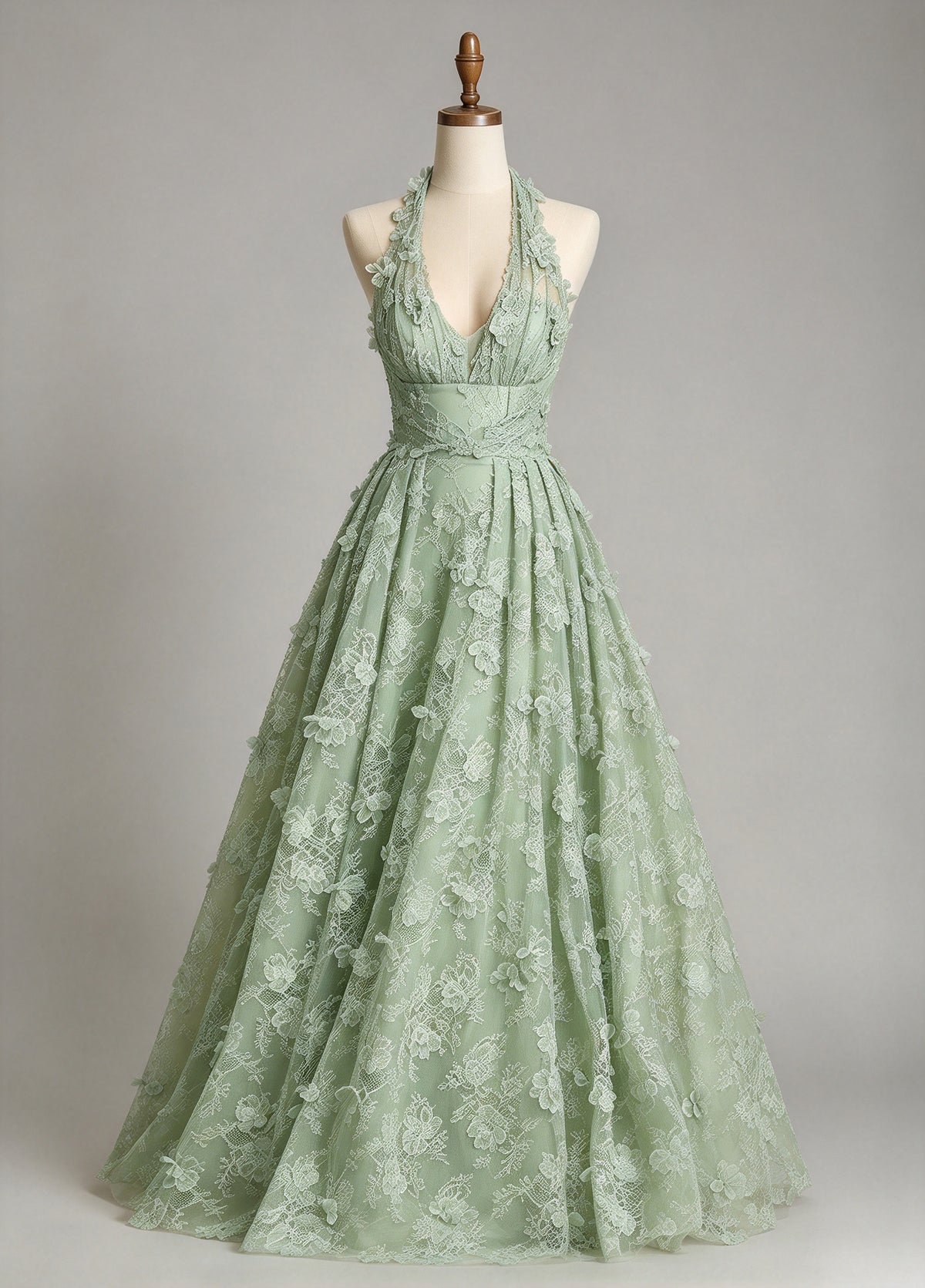 Halter Sage Green 3D Floral Lace A-Line Evening Gown