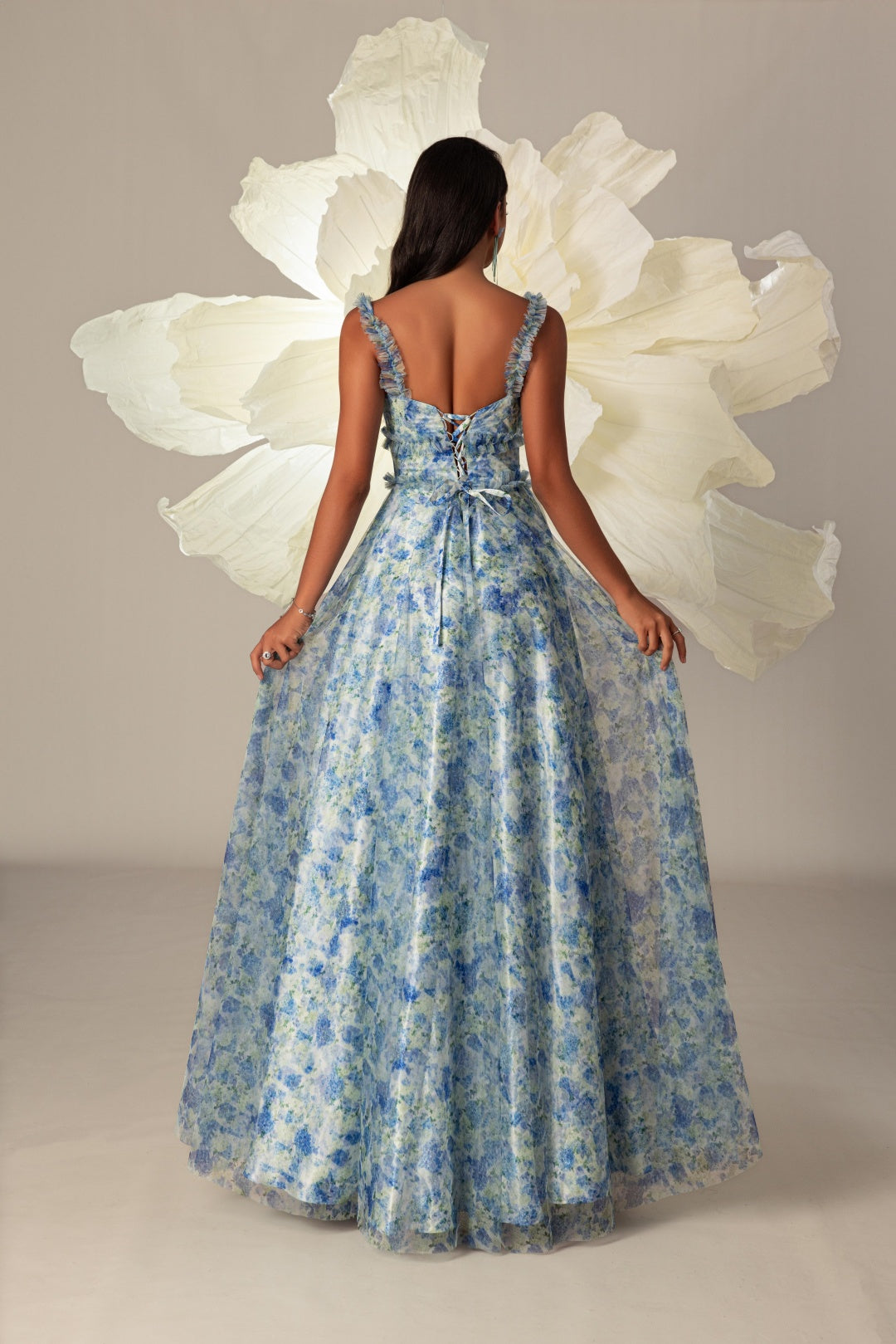 Blue Floral Print Ruffled Strap Tulle A-Line Formal Dress, Floor Length Wedding Guest Gown