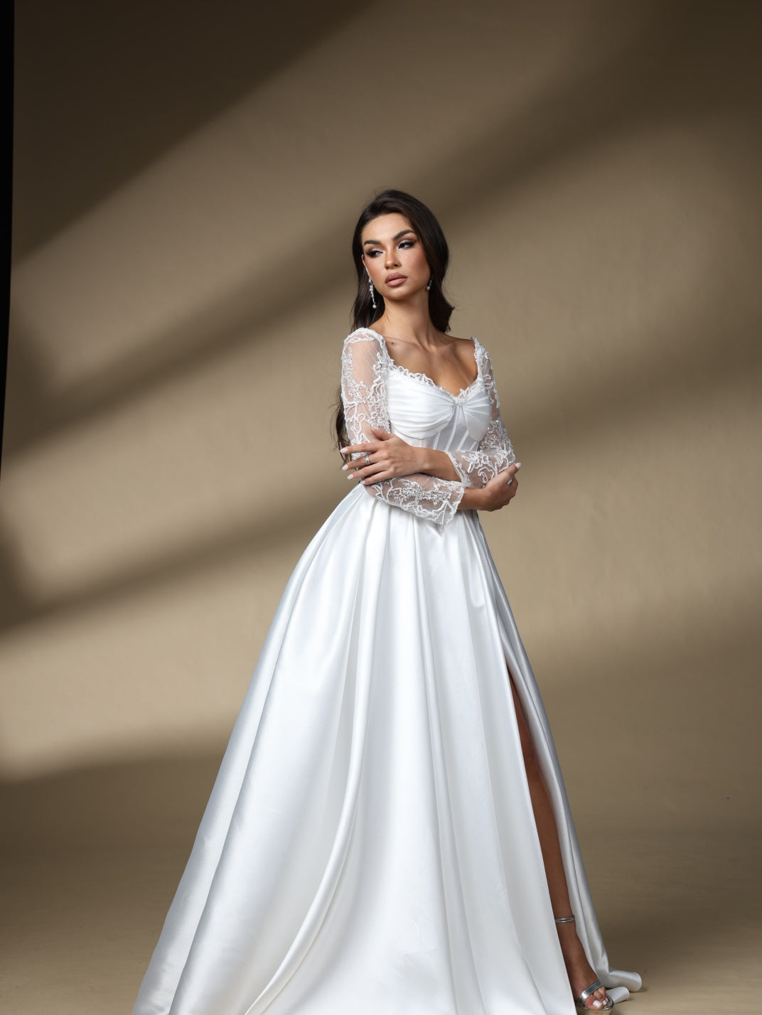 Off The Shoulder Long Lace Sleeve Satin Wedding Dress, Corset Slit A Line Bridal Gown
