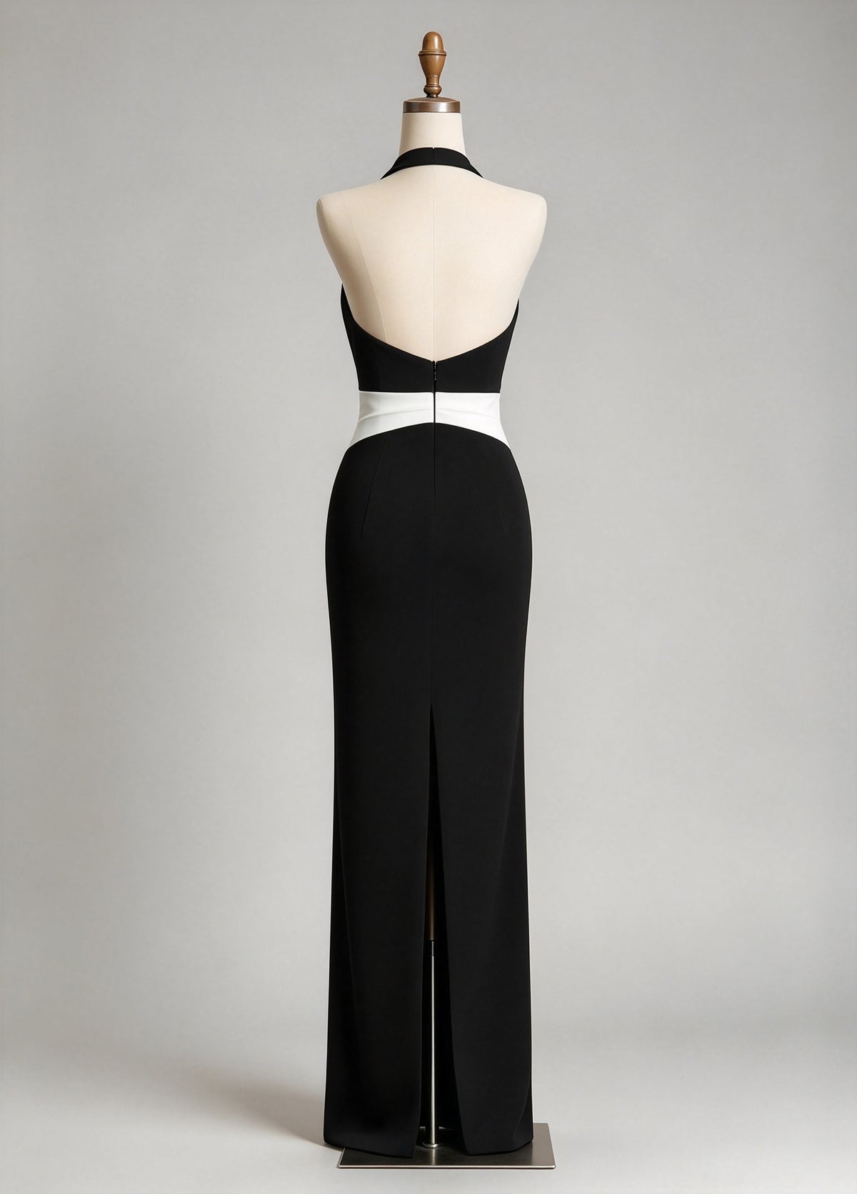 Halter Deep V Black Mermaid Evening Gown with White Waist Color Block
