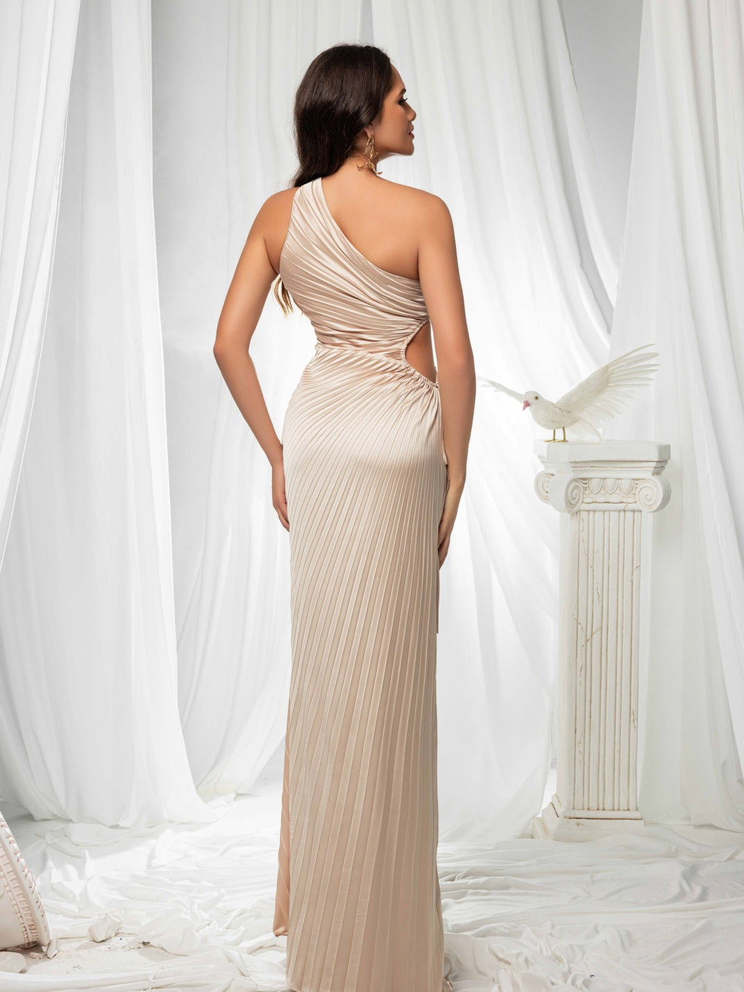 One Shoulder Pleated Satin Evening Gown, Waist Cutout Mermaid Formal Maxi Dress