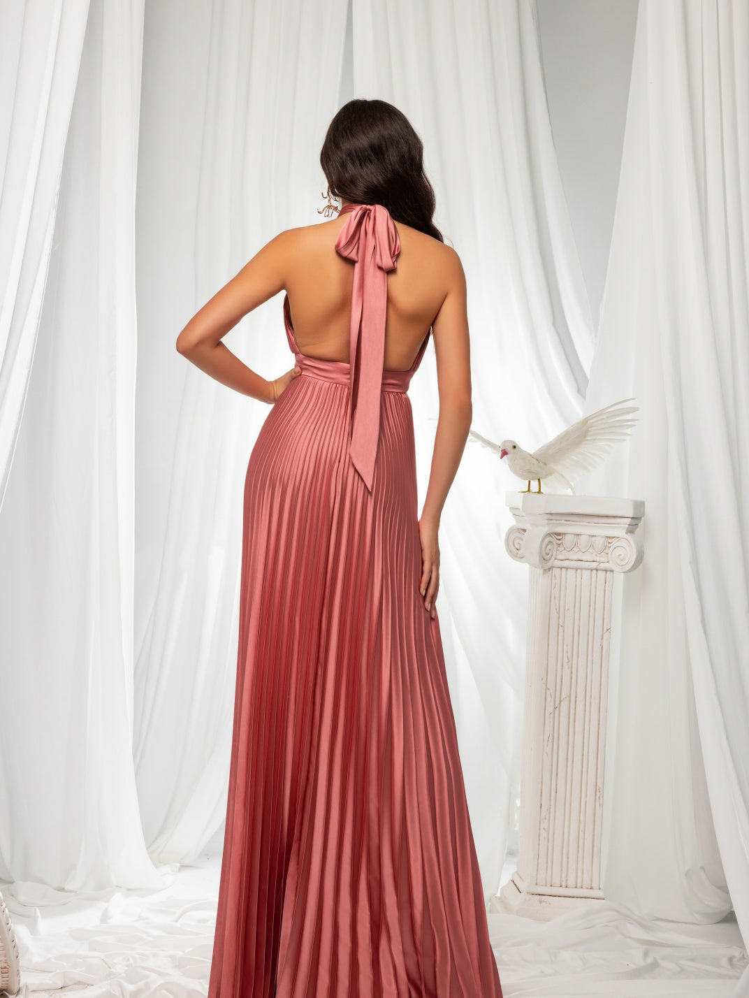 Halter Cutout Pleated Satin Maxi Dress, High Slit Formal Evening Gown For Prom