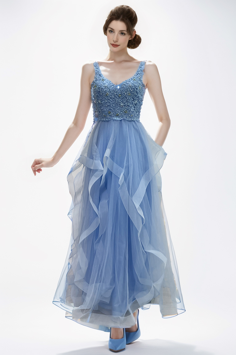 Multicolor V-neck backless full diamond ruffle skirt pleated design dress