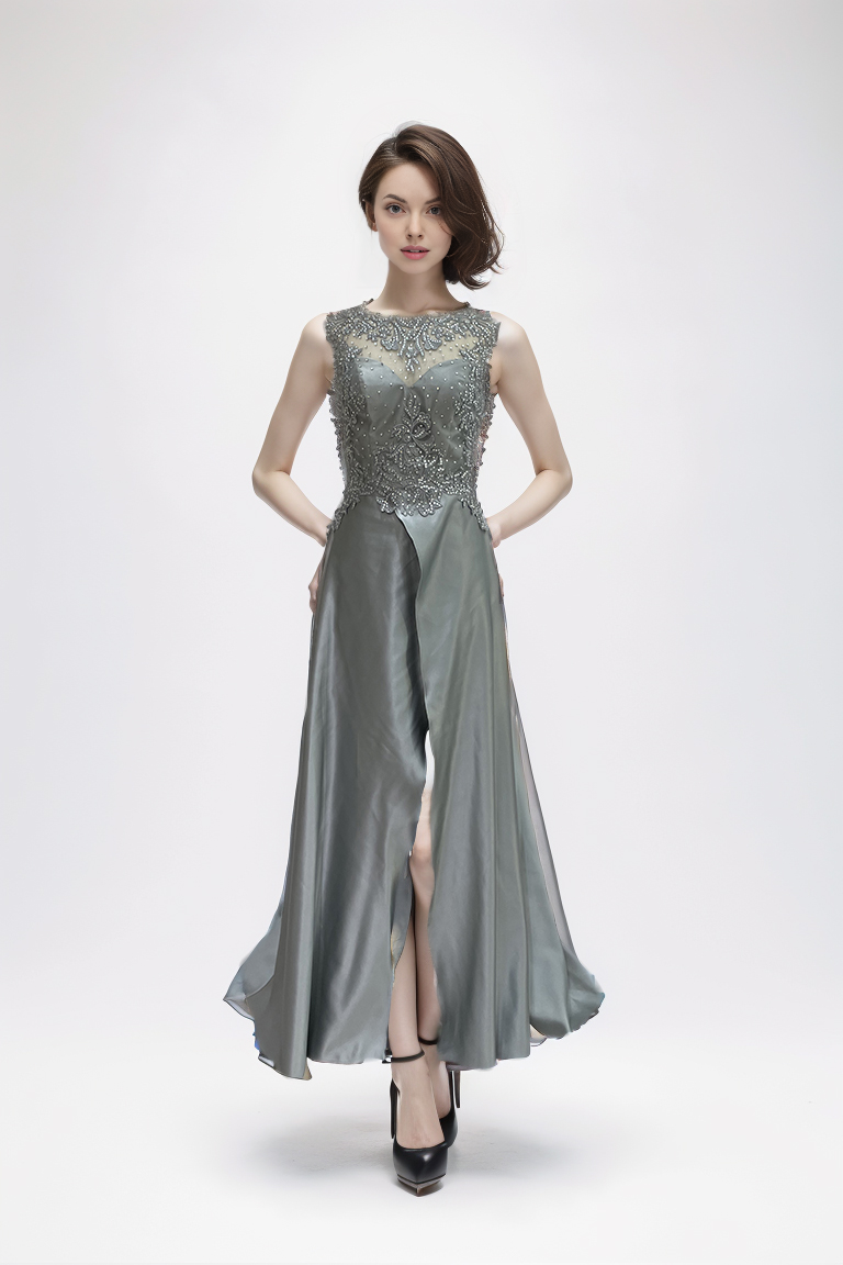 Elegant side slit lace hot flower satin design dress