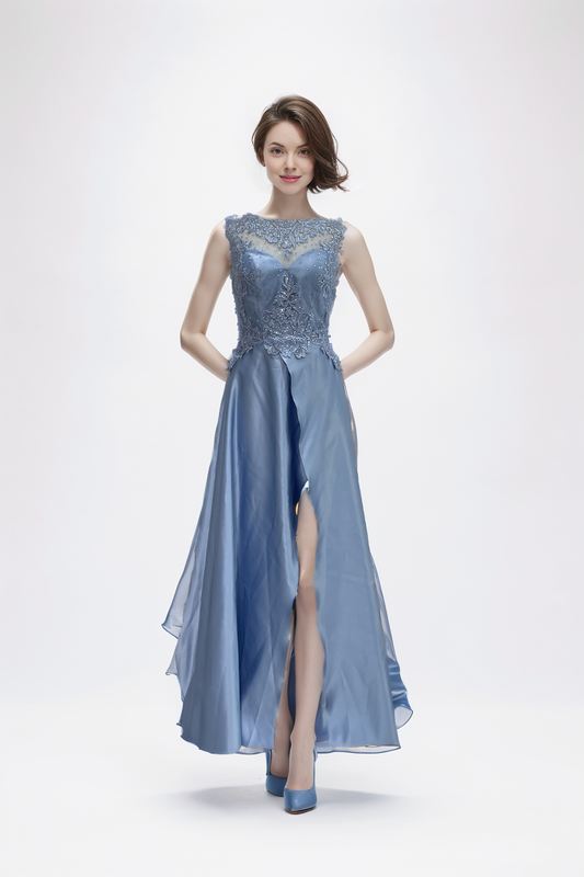 Elegant side slit lace hot flower satin design dress