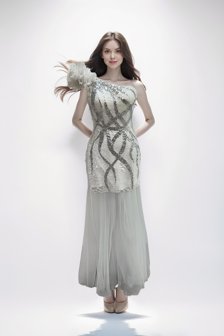 Multi-color off-shoulder three-dimensional beaded mesh design fashion dress