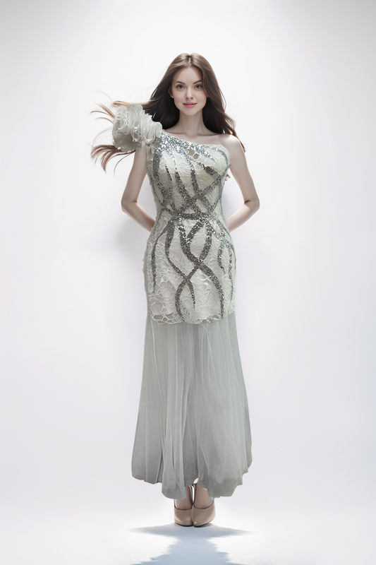 Multi-color off-shoulder three-dimensional beaded mesh design fashion dress