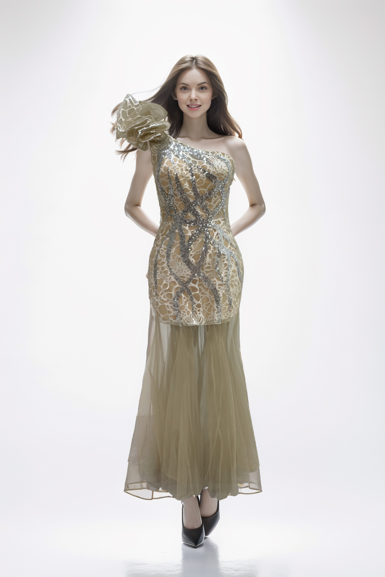 Multi-color off-shoulder three-dimensional beaded mesh design fashion dress