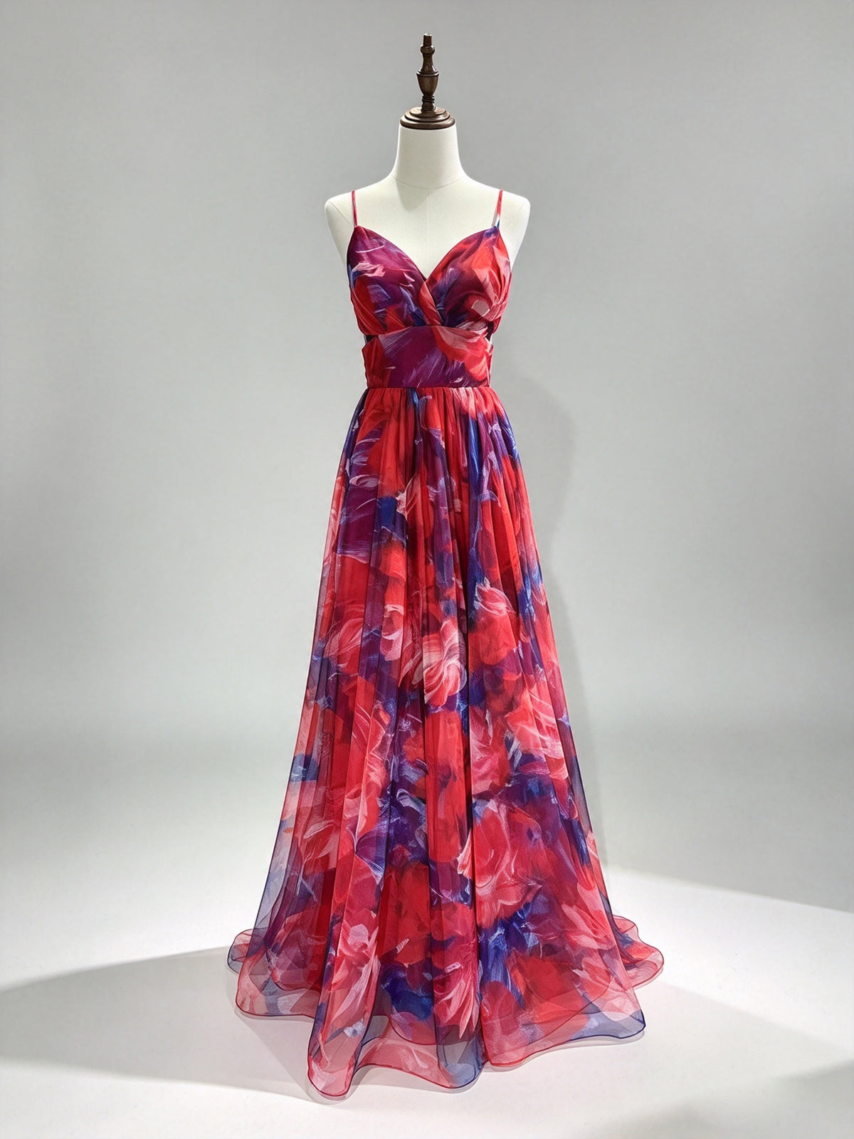 Spaghetti Strap V-Neck Red Purple Floral Chiffon Evening Dress, Flowy Long Gown