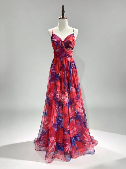 Spaghetti Strap V-Neck Red Purple Floral Chiffon Evening Dress, Flowy Long Gown