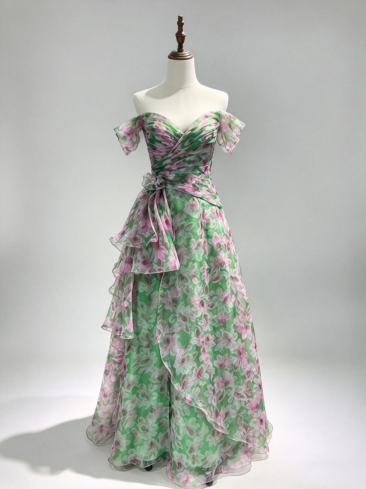 Off Shoulder Green Floral Print Tulle Formal Dress, Ruffled Long Evening Gown
