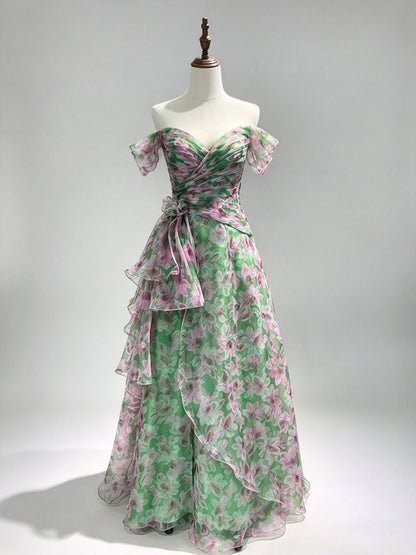 Off Shoulder Green Floral Print Tulle Formal Dress, Ruffled Long Evening Gown
