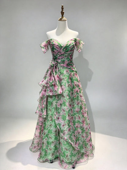 Off Shoulder Green Floral Print Tulle Formal Dress, Ruffled Long Evening Gown