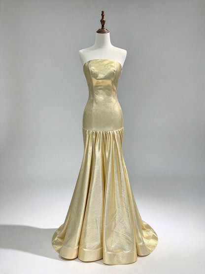 Strapless Metallic Gold Mermaid Evening Gown, Shiny Formal Prom Dress