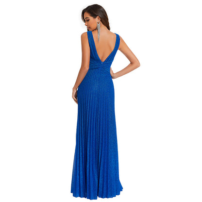 Glitter V Neck Sleeveless Maxi A Line Pleated Gown