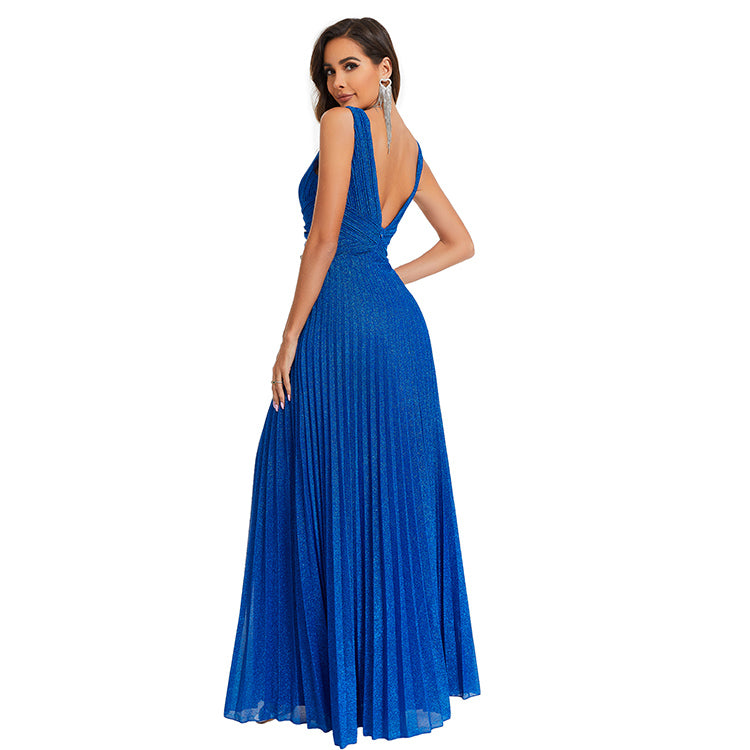 Glitter V Neck Sleeveless Maxi A Line Pleated Gown