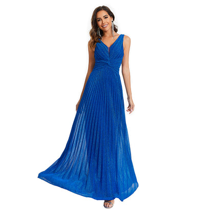 Glitter V Neck Sleeveless Maxi A Line Pleated Gown