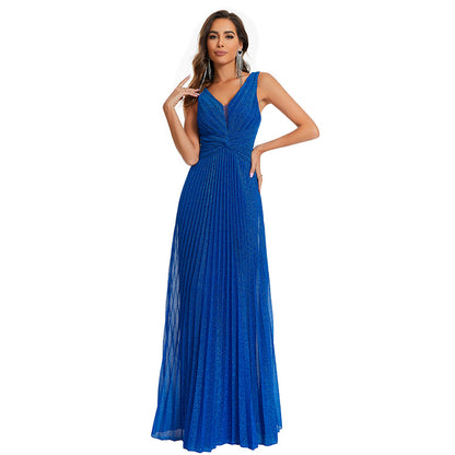 Glitter V Neck Sleeveless Maxi A Line Pleated Gown