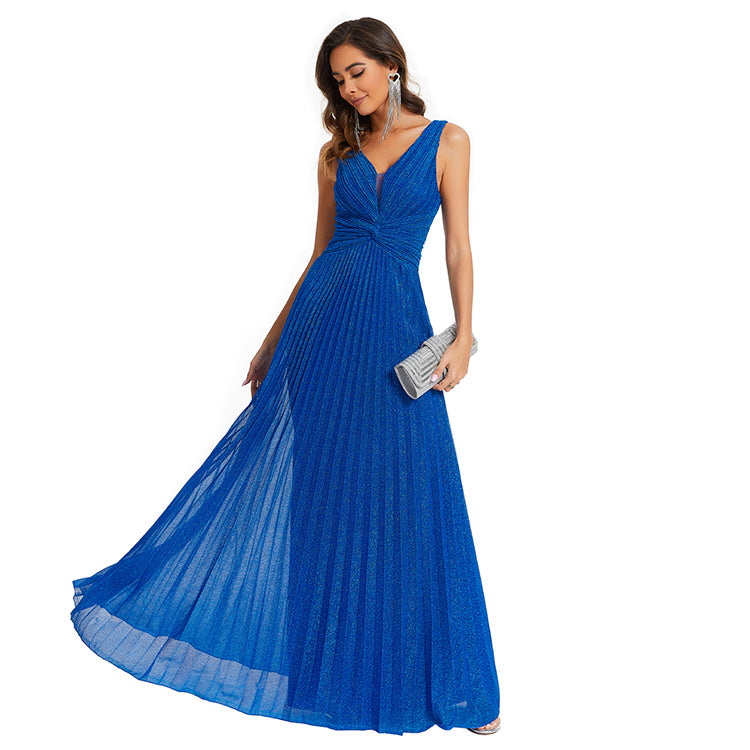 Glitter V Neck Sleeveless Maxi A Line Pleated Gown