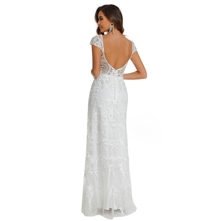 V Neck Embroidered Backless Satin Wedding Dress Bridal Gowns White Lace Dress Sleeveless Wedding Dresses