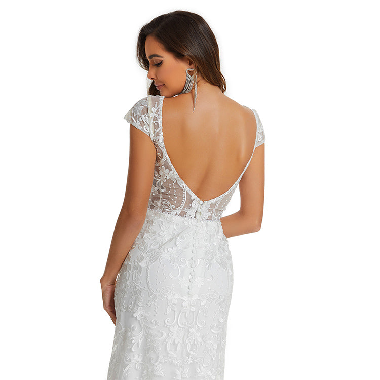 V Neck Embroidered Backless Satin Wedding Dress Bridal Gowns White Lace Dress Sleeveless Wedding Dresses