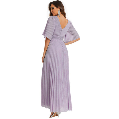 Elegant Deep V Neck Short Sleeve Women Lilac Simple Chiffon Dress Prom Long Bridesmaid Dress