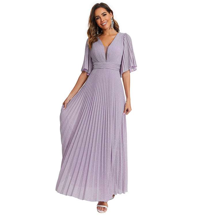 Elegant Deep V Neck Short Sleeve Women Lilac Simple Chiffon Dress Prom Long Bridesmaid Dress