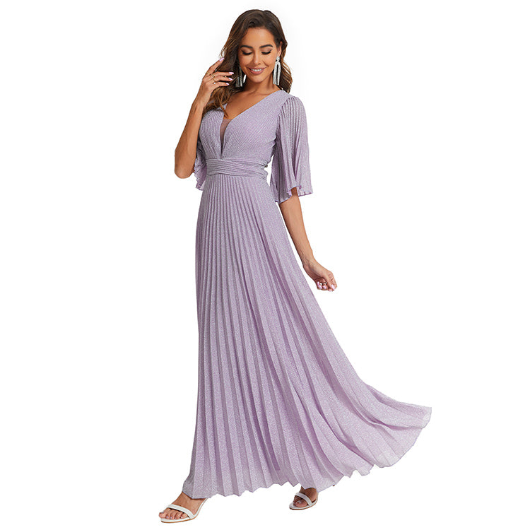 Elegant Deep V Neck Short Sleeve Women Lilac Simple Chiffon Dress Prom Long Bridesmaid Dress