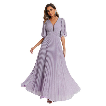 Elegant Deep V Neck Short Sleeve Women Lilac Simple Chiffon Dress Prom Long Bridesmaid Dress