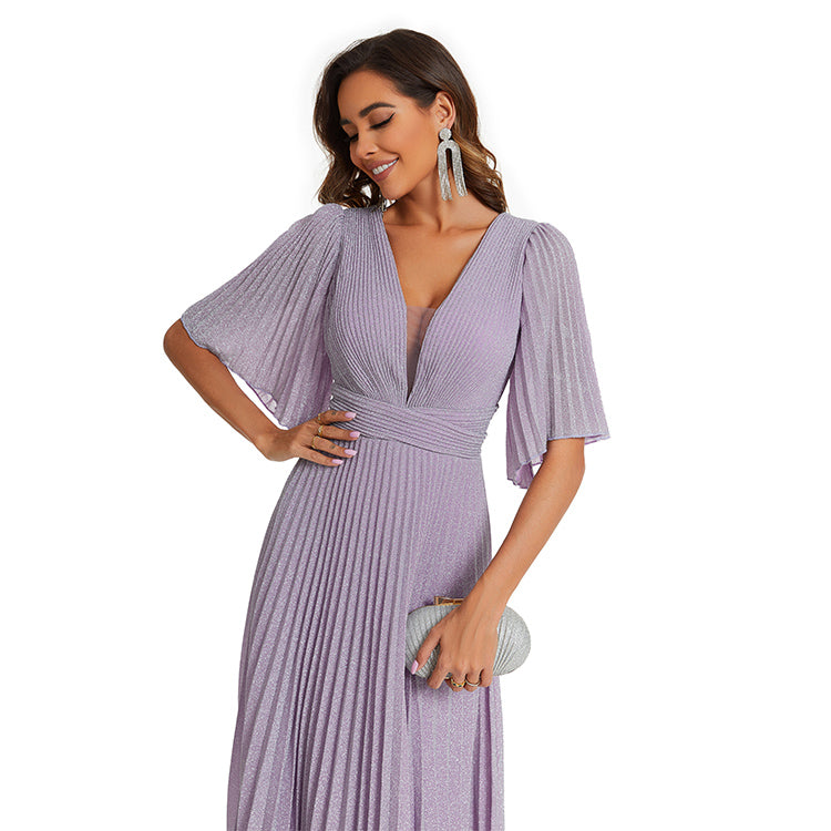 Elegant Deep V Neck Short Sleeve Women Lilac Simple Chiffon Dress Prom Long Bridesmaid Dress