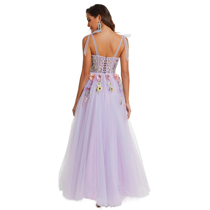 Sexy Sleeveless Spaghetti Strap Floral Embroidered Party Gown Tulle Lavender Prom Dress Chic Evening Dress