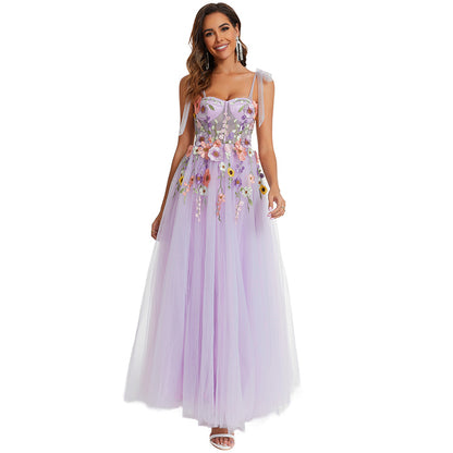 Sexy Sleeveless Spaghetti Strap Floral Embroidered Party Gown Tulle Lavender Prom Dress Chic Evening Dress