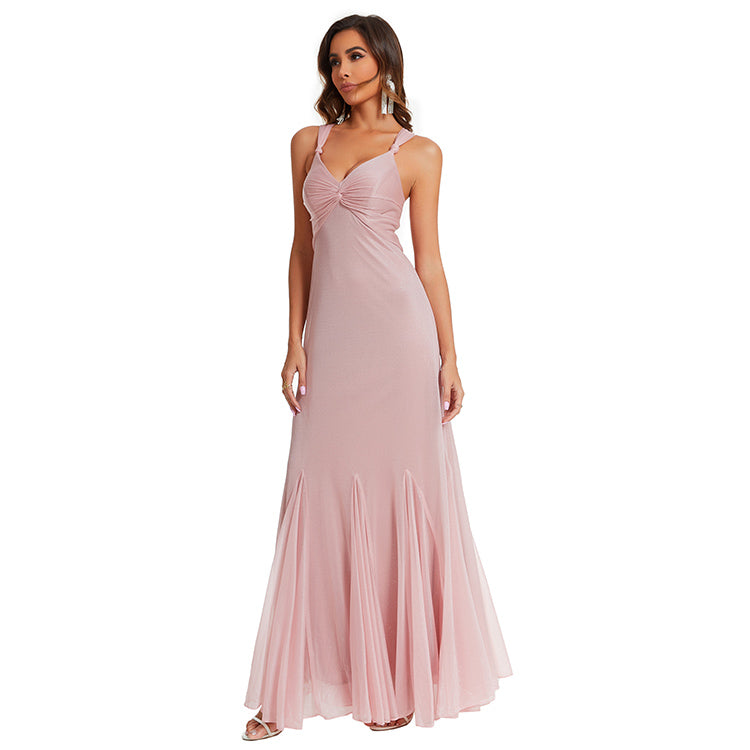 Sexy Deep V Neck Sleeveless Pink Maxi Dresses Elegant Women Prom Dress with Lace Up