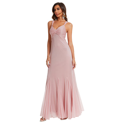 Sexy Deep V Neck Sleeveless Pink Maxi Dresses Elegant Women Prom Dress with Lace Up