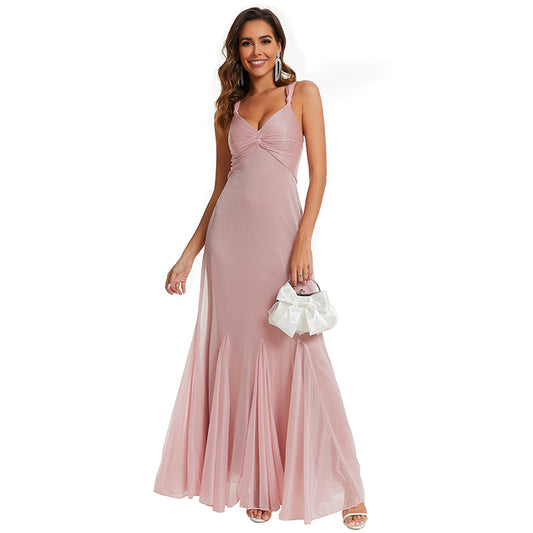 Sexy Deep V Neck Sleeveless Pink Maxi Dresses Elegant Women Prom Dress with Lace Up