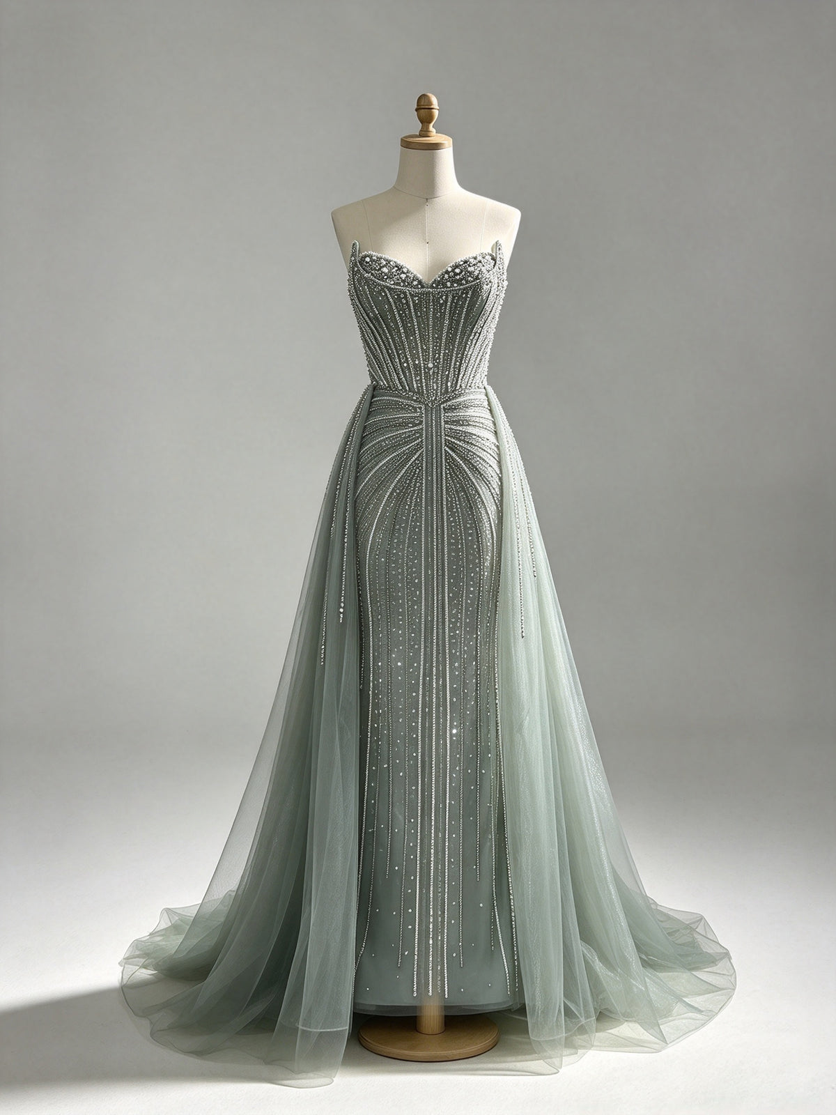 Sage Green Strapless Sweetheart Beaded Mermaid Prom Dress With Detachable Tulle Overskirt