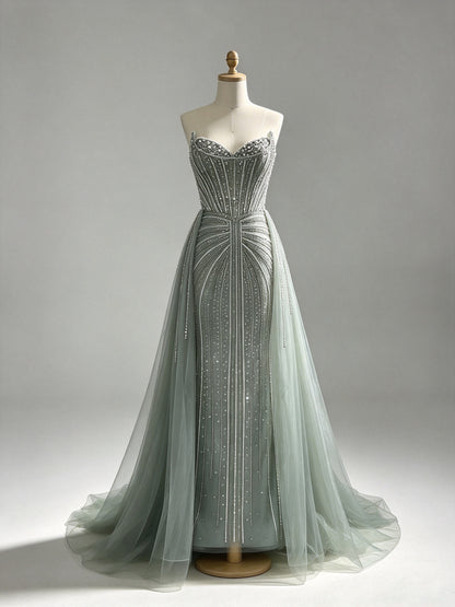 Sage Green Strapless Sweetheart Beaded Mermaid Prom Dress With Detachable Tulle Overskirt