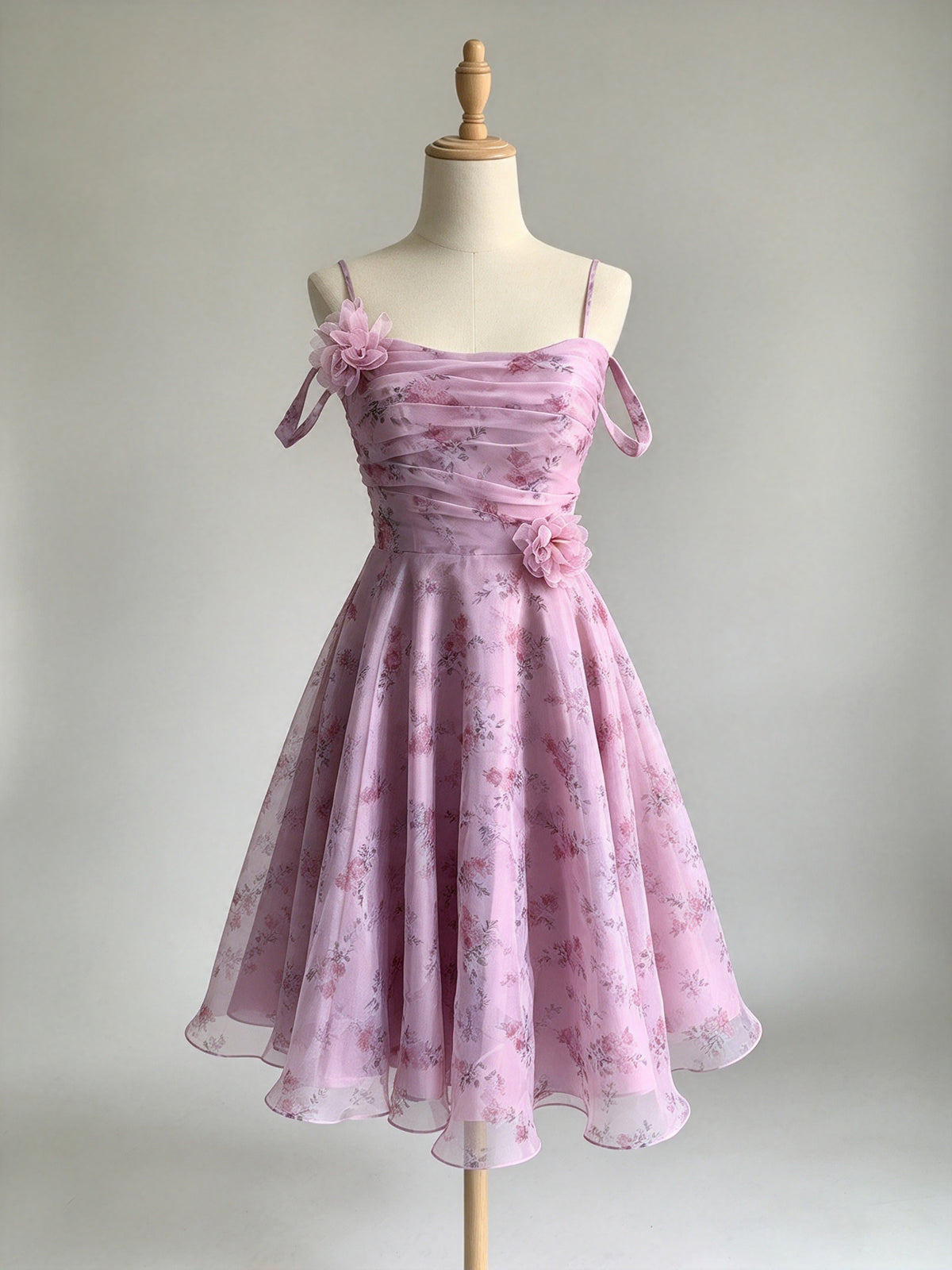 Dusty Pink Spaghetti Strap Floral Tulle Short Homecoming Dress with 3D Flowers