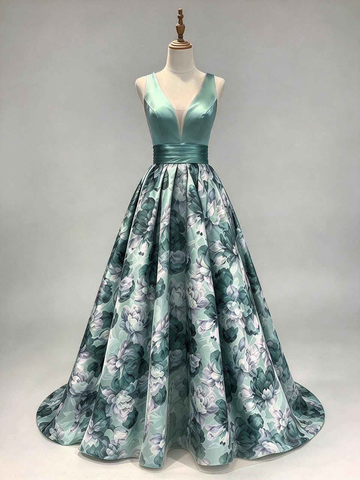 Pink Deep V Satin Floral Print A-Line Evening Gown with Satin Waistband