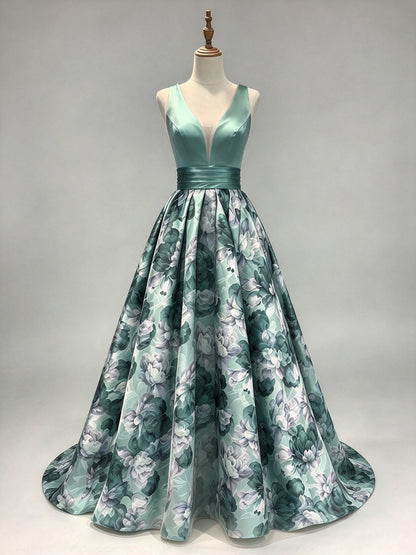 Pink Deep V Satin Floral Print A-Line Evening Gown with Satin Waistband