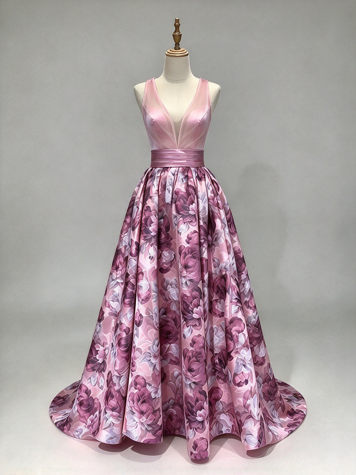 Pink Deep V Satin Floral Print A-Line Evening Gown with Satin Waistband